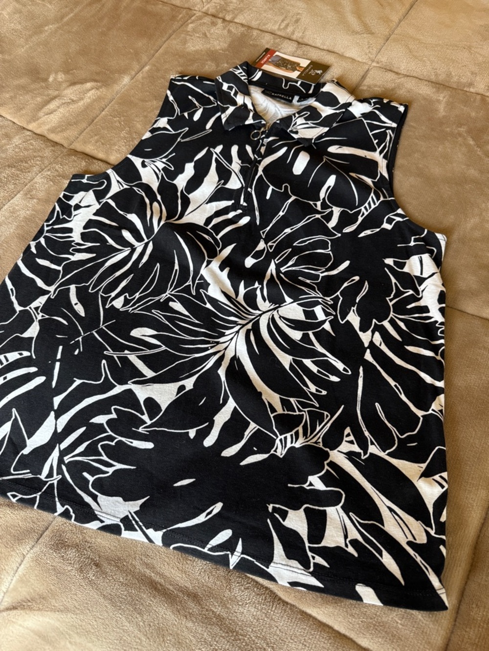 Rafaella Black & White Floral Sleeveless Polo Tank